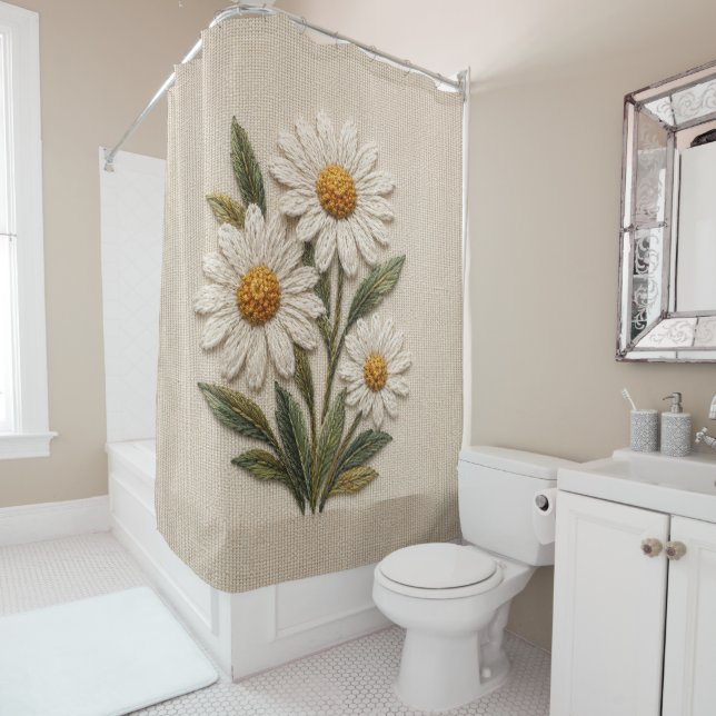 Rideaux De Douche Fleur de Pâquerette Brodée (En situation)