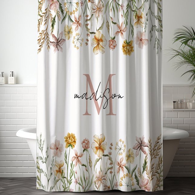 Rideaux De Douche Fleur de pré sauvage à aquarelle monogrammée (In situ)
