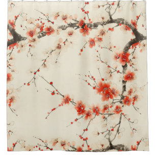 Rideaux De Douche Fleur de prunier rouge aquarelle - Art floral orie