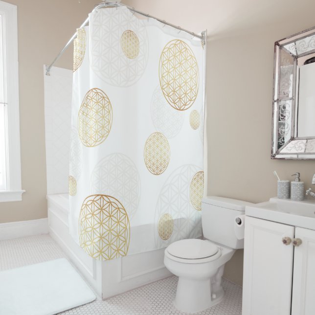 Rideaux De Douche Fleur de vie or & blanc (En situation)