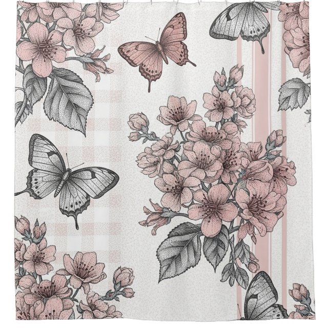 Rideaux De Douche Fleur d'Élégant Papillon (1) (Devant)