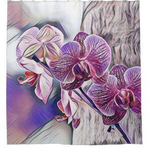 Rideaux De Douche Fleur d'orchidée violette sur un tableau en bois