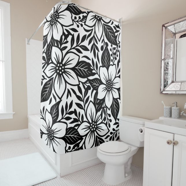 Rideaux De Douche Fleur florale moderne audacieuse noir et blanc  (En situation)
