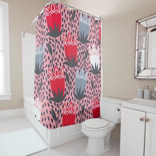 Rideaux De Douche Fleur folk moderne rose gris blanc Pays (En situation)