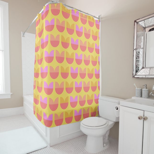 Rideaux De Douche Fleur géométrique mignon Motif en Jaune et Rose (En situation)