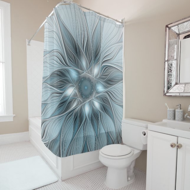 Rideaux De Douche Fleur joyeuse abstraite florale fractale bleue gri (En situation)