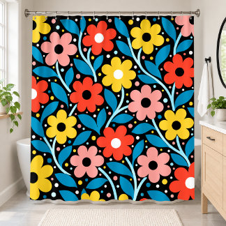 Rideaux De Douche Fleur Moderne Folk Noir