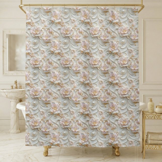 Rideaux De Douche Fleur Ornée  (elegant luxury pearl white pale pink floral shower curtain)