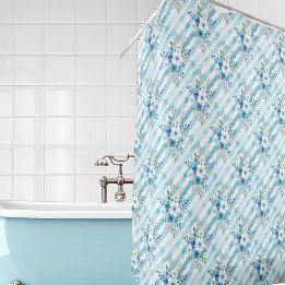 Rideaux De Douche Fleur rayée diagonale aquarelle bleue blanche