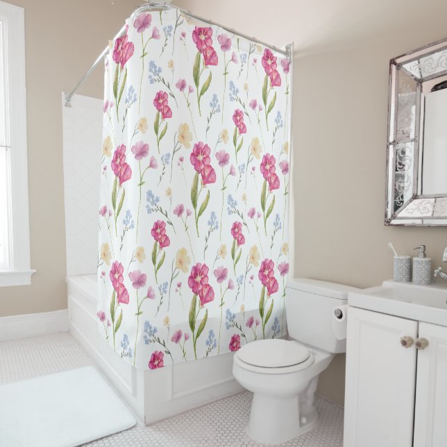 Rideaux De Douche Fleur rose aquarelle fleur sauvage (En situation)