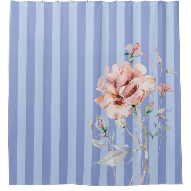 Rideaux De Douche Fleur rose pâle sur bandes bleues (Devant)