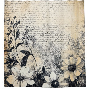 Rideaux De Douche Fleur rustique et calligraphie - Papier Brown viei