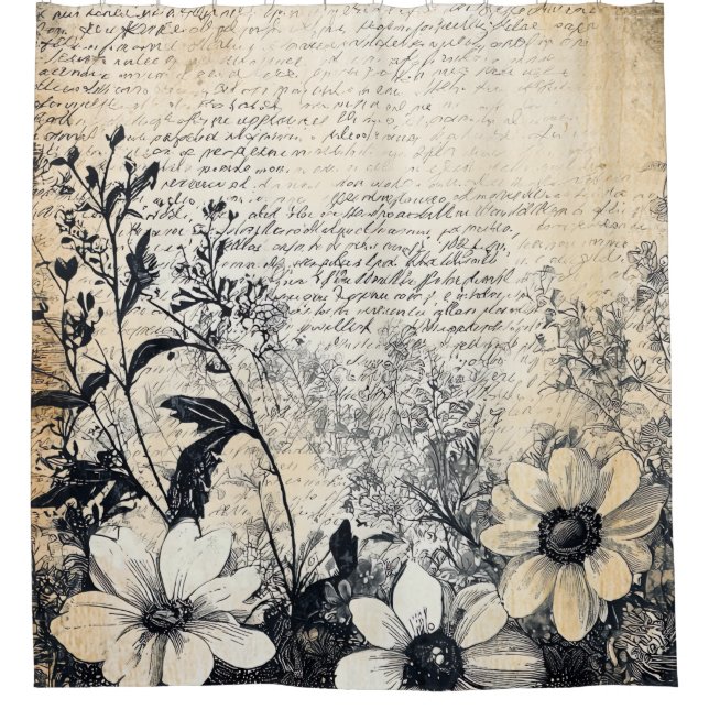 Rideaux De Douche Fleur rustique et calligraphie - Papier Brown viei (Devant)