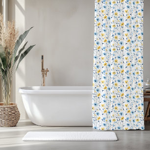 Rideaux De Douche Fleur sauvage aquarelle bleu jaune