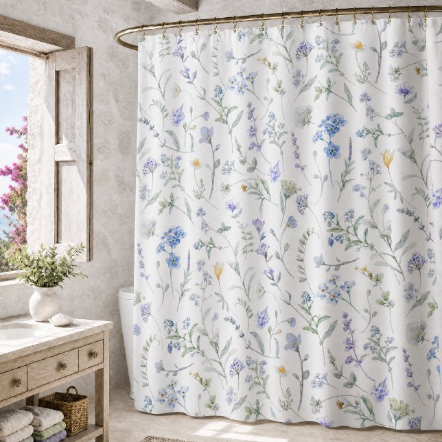Rideaux De Douche Fleur sauvage aquarelle bleu violet (Créateur téléchargé)