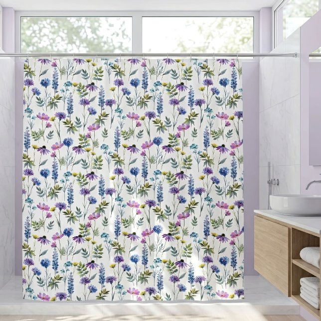 Rideaux De Douche Fleur sauvage aquarelle bleu violet (Créateur téléchargé)