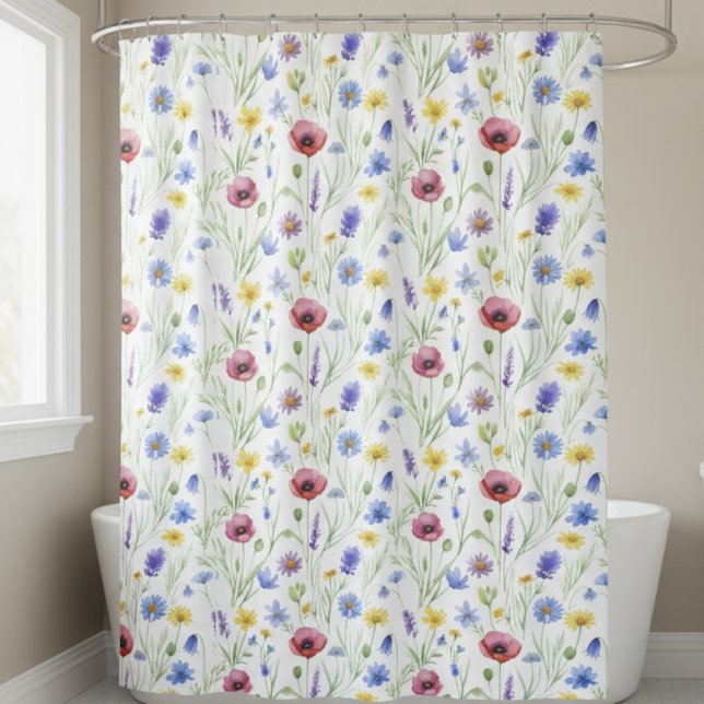 Rideaux De Douche Fleur sauvage aquarelle bleu violet rouge (Créateur téléchargé)