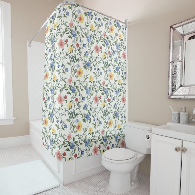 Rideaux De Douche Fleur sauvage aquarelle bleue jaune  (En situation)