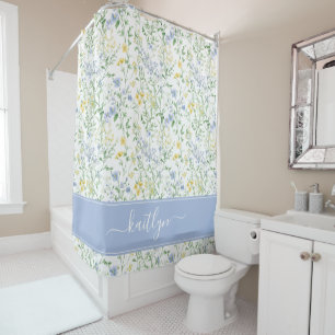 Rideaux De Douche Fleur sauvage aquarelle bleue nom personnalisé