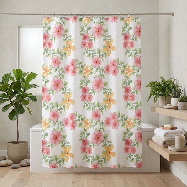 Rideaux De Douche Fleur sauvage aquarelle orange rose vert (Pink Orange Green Watercolor Wildflower Shower Curtain)