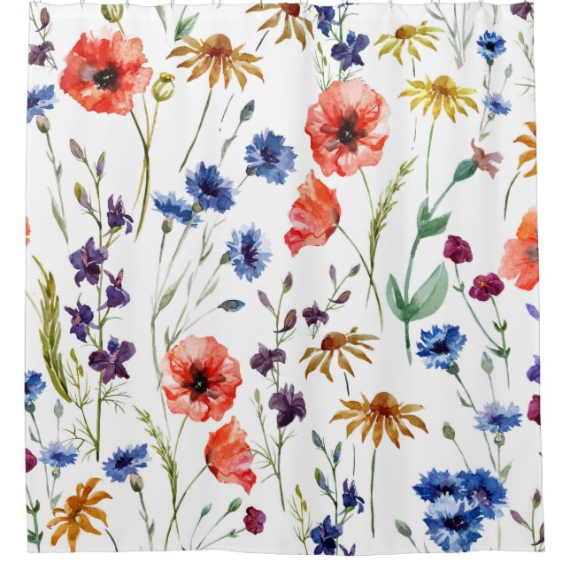 Rideaux De Douche Fleur sauvage Aquarelle Poppy Chamomile Arrière -  (Devant)