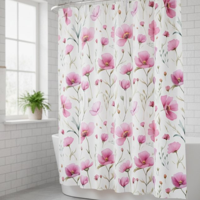 Rideaux De Douche Fleur sauvage aquarelle rose  (Créateur téléchargé)