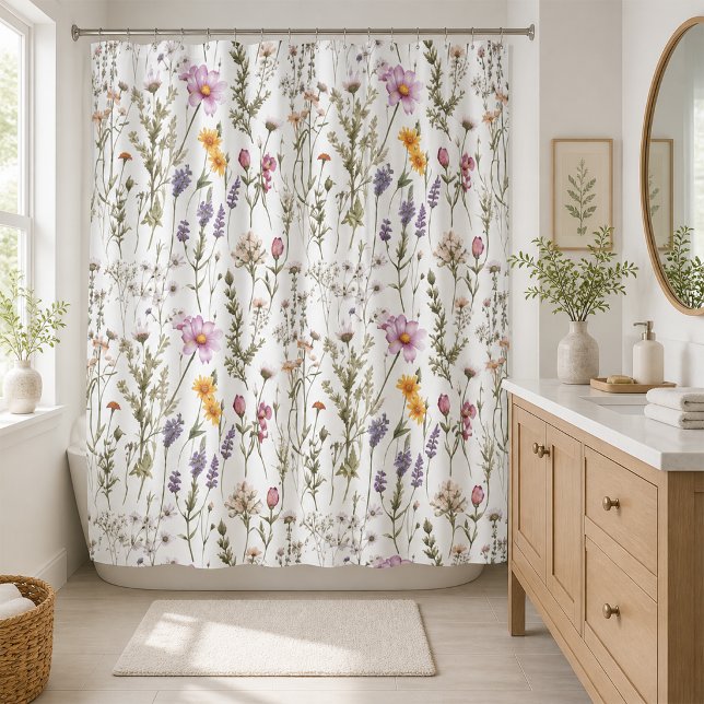 Rideaux De Douche Fleur sauvage aquarelle rose violet  (Créateur téléchargé)