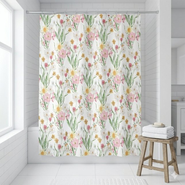 Rideaux De Douche Fleur sauvage aquarelle verte rose (Pink Green Watercolor Wildflower Floral Shower Curtain)