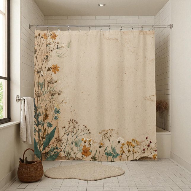 Rideaux De Douche Fleur sauvage bohème rustique beige (Beige Border Rustic Boho Wildflower Shower Curtain)