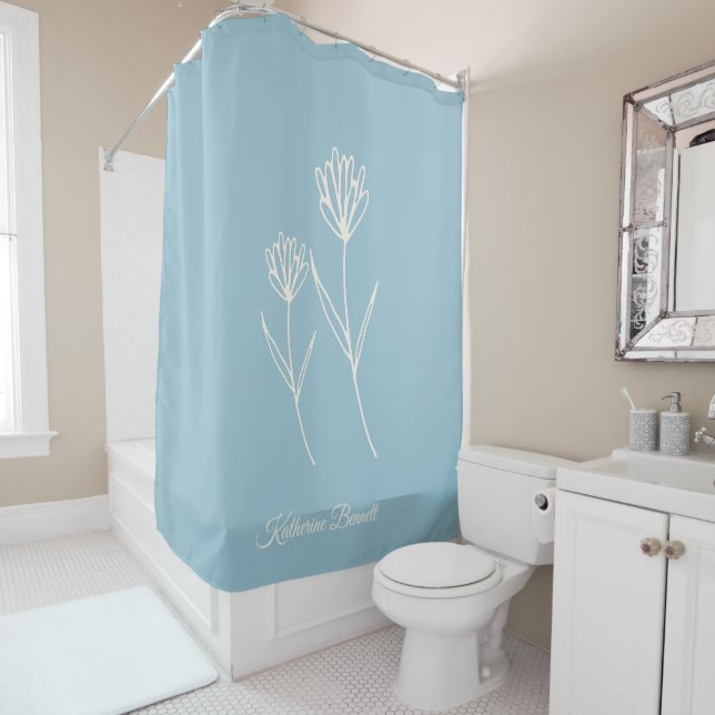 Rideaux De Douche Fleur simple élégante bleu poussiéreux  (En situation)