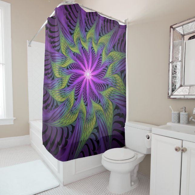 Rideaux De Douche Fleur verte violette Art fractal abstrait moderne (En situation)