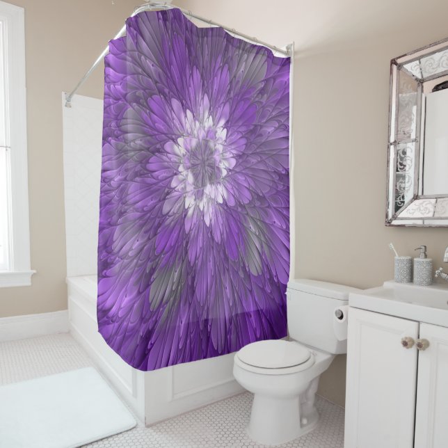Rideaux De Douche Fleur Violette Abstraite Art Fractal Psychedelique (En situation)