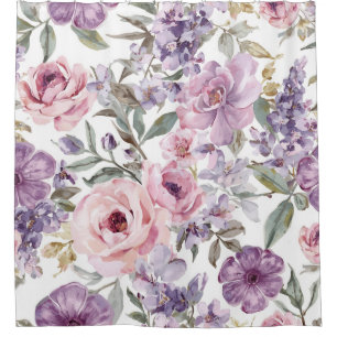 Rideaux De Douche Fleur violette aquarelle rose lavande florale rose