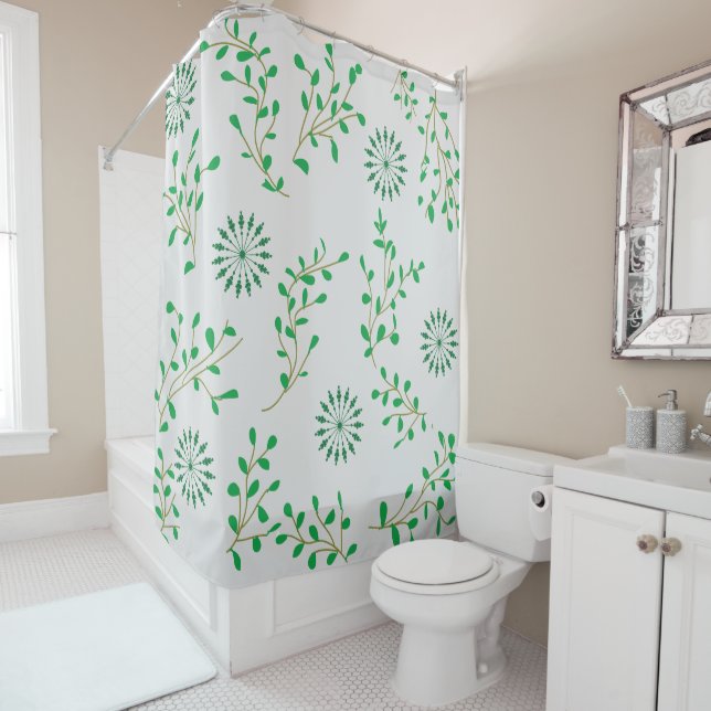 Rideaux de douche fleuris vert et blanc (En situation)