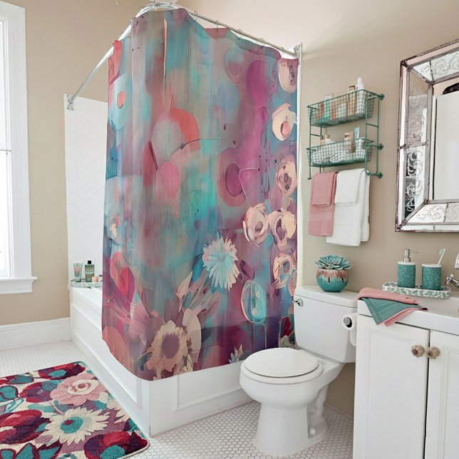 Rideaux De Douche Fleurs abstraites roses et bleues atténuées (Créateur téléchargé)