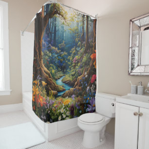 Rideaux De Douche fleurs aquarelle avec coucher de soleil Douche rid