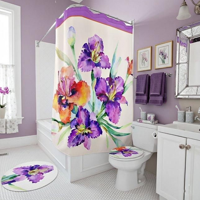 Rideaux De Douche Fleurs aquarelles orange et violettes (Créateur téléchargé)