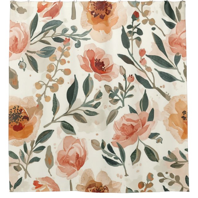 Rideaux De Douche Fleurs aquarelles orange peinture botanique (Devant)