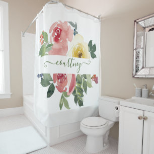 Rideaux De Douche Fleurs aquarelles rose et jaune personnalisées