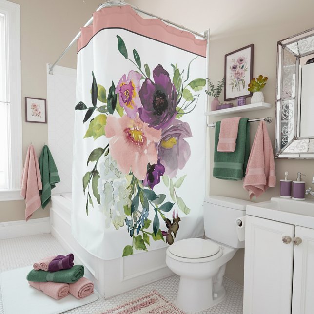 Rideaux De Douche Fleurs aquarelles rose et violet (Créateur téléchargé)
