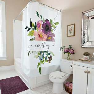 Rideaux De Douche Fleurs aquarelles rose et violet personnalisées