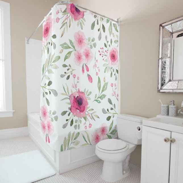 Rideaux De Douche Fleurs aquarelles rose tendre (En situation)