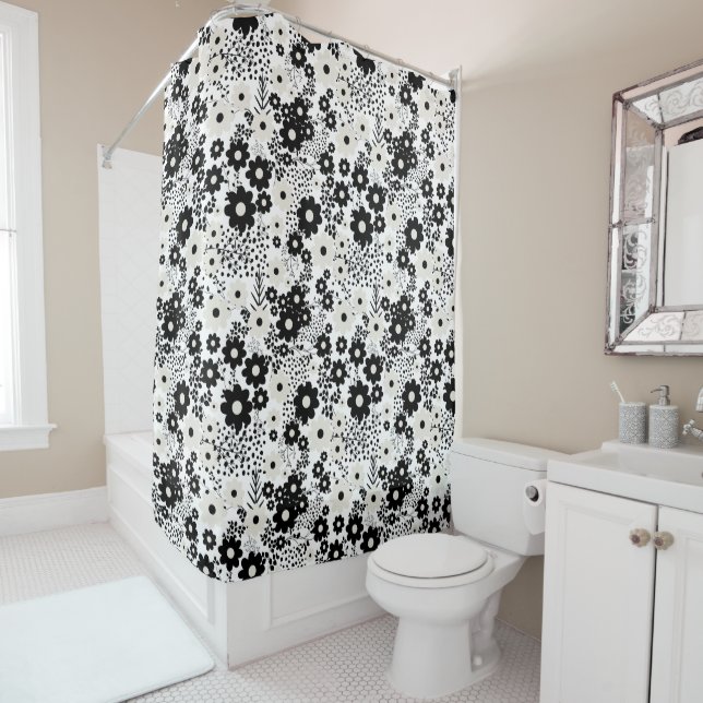 Rideaux De Douche Fleurs beige et noire (En situation)