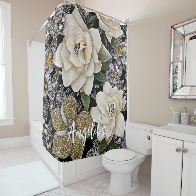 Rideaux De Douche Fleurs blanches avec Parties scintillant et nom pe (En situation)