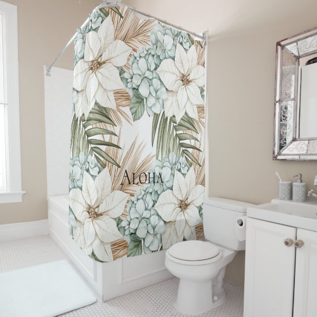 Rideaux De Douche Fleurs blanches bleues tropicales   (En situation)