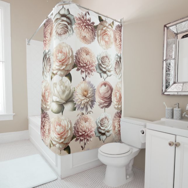 Rideaux De Douche Fleurs blanches crémeuses rose pêche Floral  (En situation)