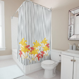 Rideaux De Douche Fleurs blanches jaunes oranges Blancs noirs