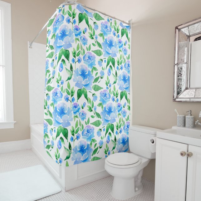 Rideaux De Douche Fleurs bleu d'eau (En situation)