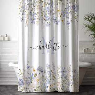Rideaux De Douche Fleurs bleues à l'aquarelle Monogramme floral élég