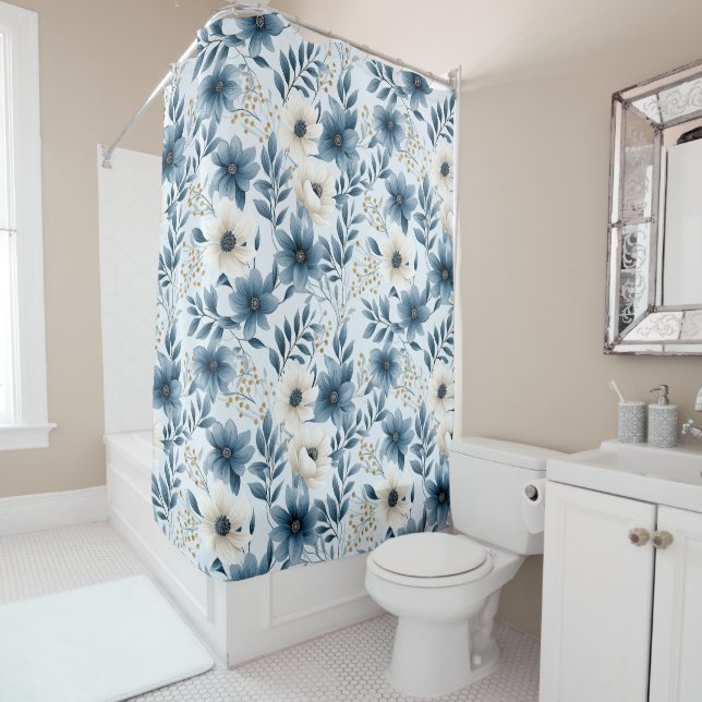 Rideaux De Douche Fleurs bleues et beiges (En situation)